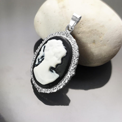 Sterling Silver Cameo Pendant: Black & White Resin, Vintage Style