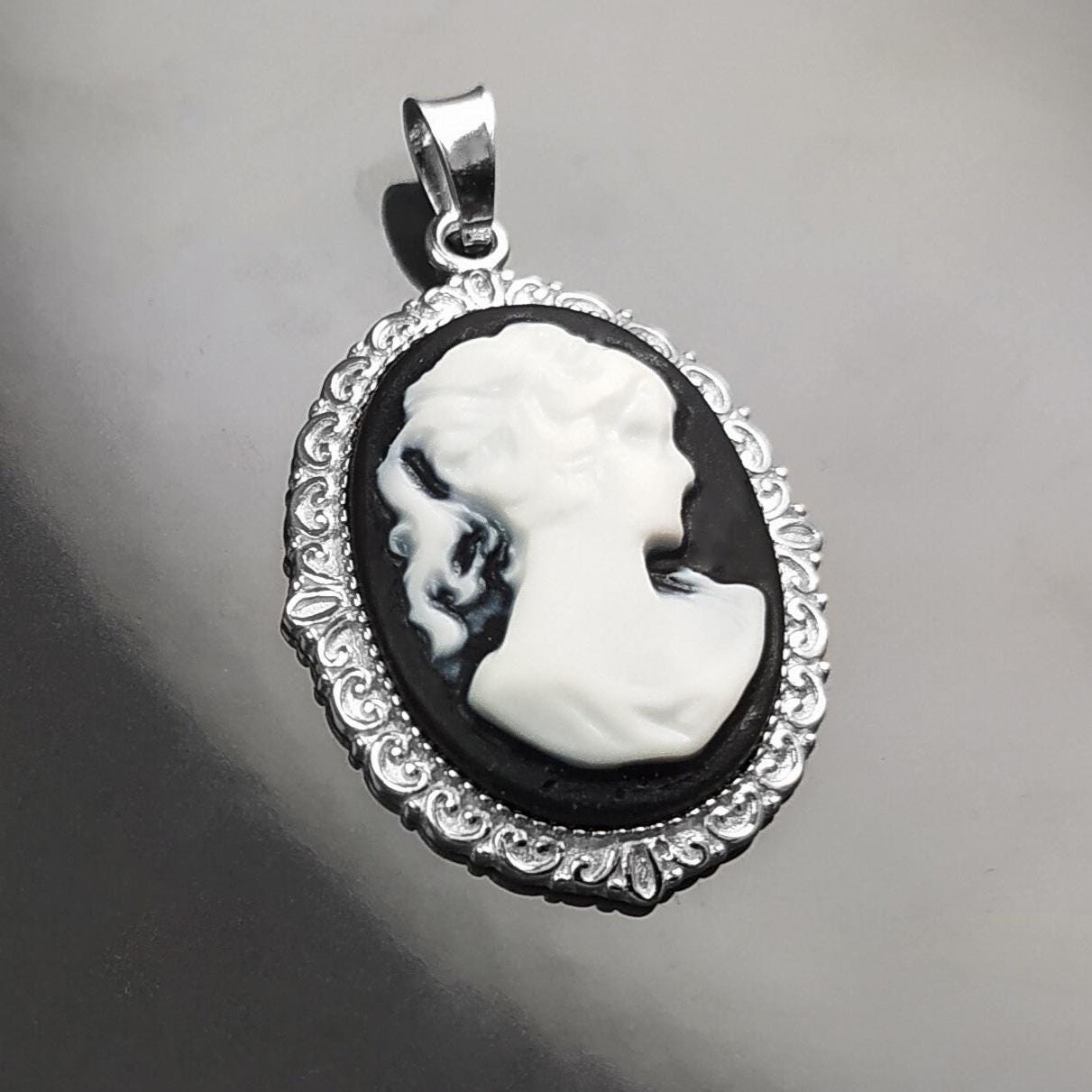 Sterling Silver Cameo Pendant: Black & White Resin, Vintage Style
