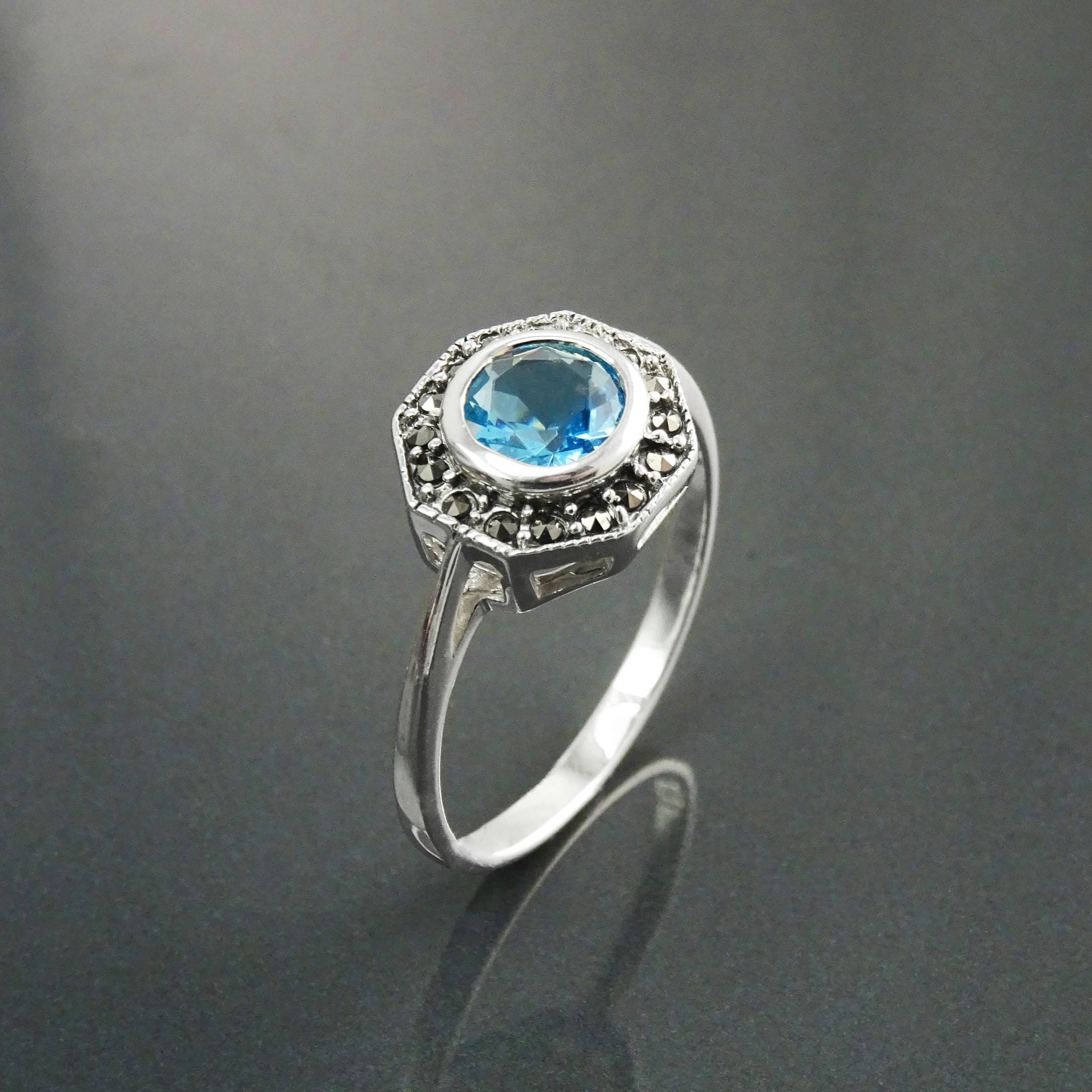 Topaz Marcasite Ring, Sterling Silver, Vintage Octagonal Ring, Lab Blue Topaz Simulant, Retro Azure Stone Rings, Dainty Rings, Women Gifts
