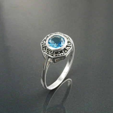 Topaz Marcasite Ring, Sterling Silver, Vintage Octagonal Ring, Lab Blue Topaz Simulant, Retro Azure Stone Rings, Dainty Rings, Women Gifts
