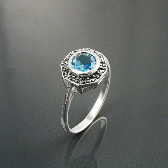 Topaz Marcasite Ring, Sterling Silver, Vintage Octagonal Ring, Lab Blue Topaz Simulant, Retro Azure Stone Rings, Dainty Rings, Women Gifts