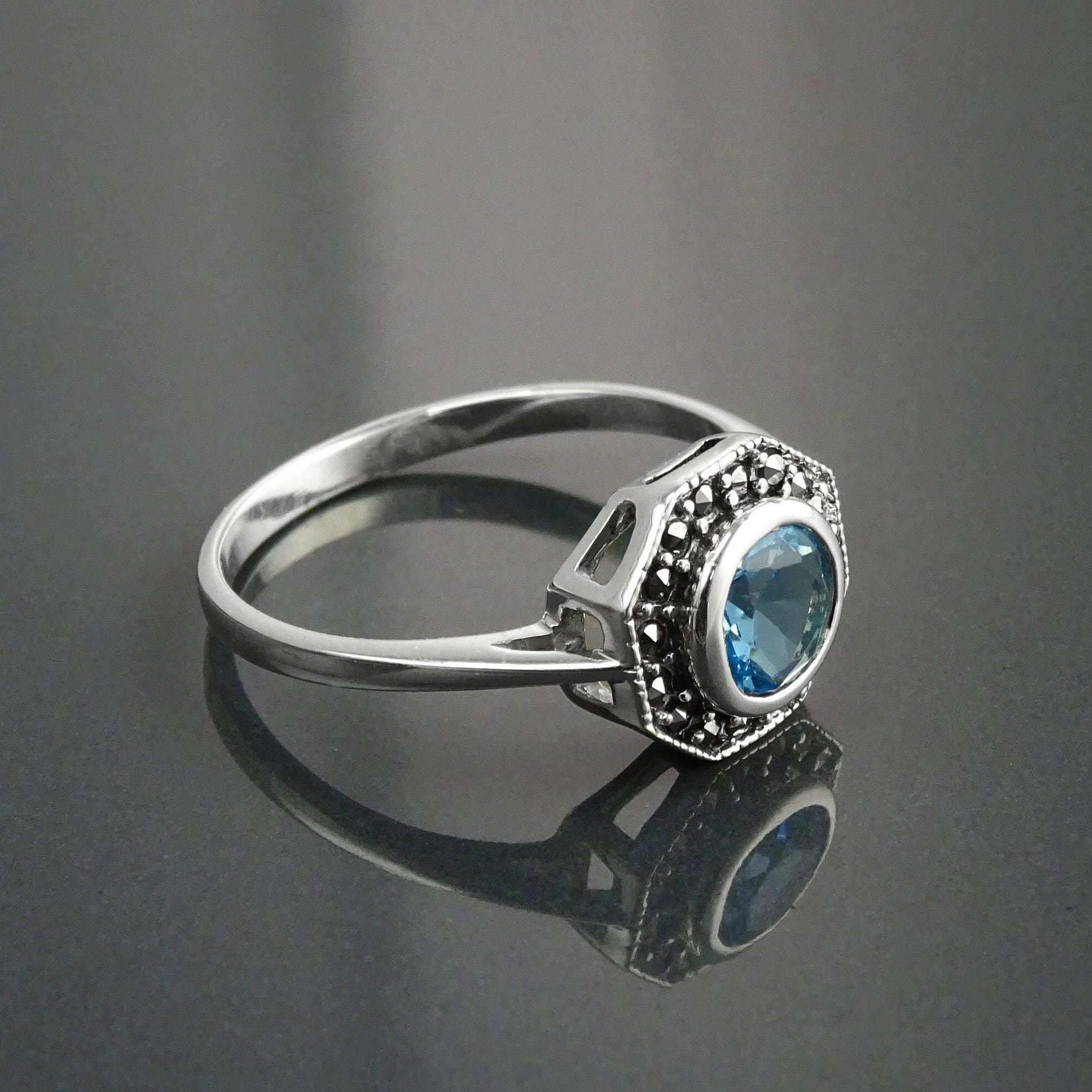 Topaz Marcasite Ring, Sterling Silver, Vintage Octagonal Ring, Lab Blue Topaz Simulant, Retro Azure Stone Rings, Dainty Rings, Women Gifts