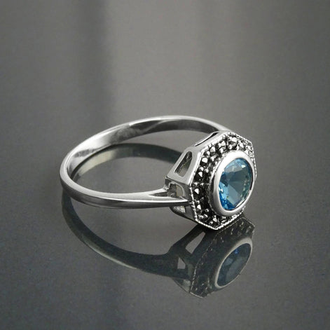 Topaz Marcasite Ring, Sterling Silver, Vintage Octagonal Ring, Lab Blue Topaz Simulant, Retro Azure Stone Rings, Dainty Rings, Women Gifts