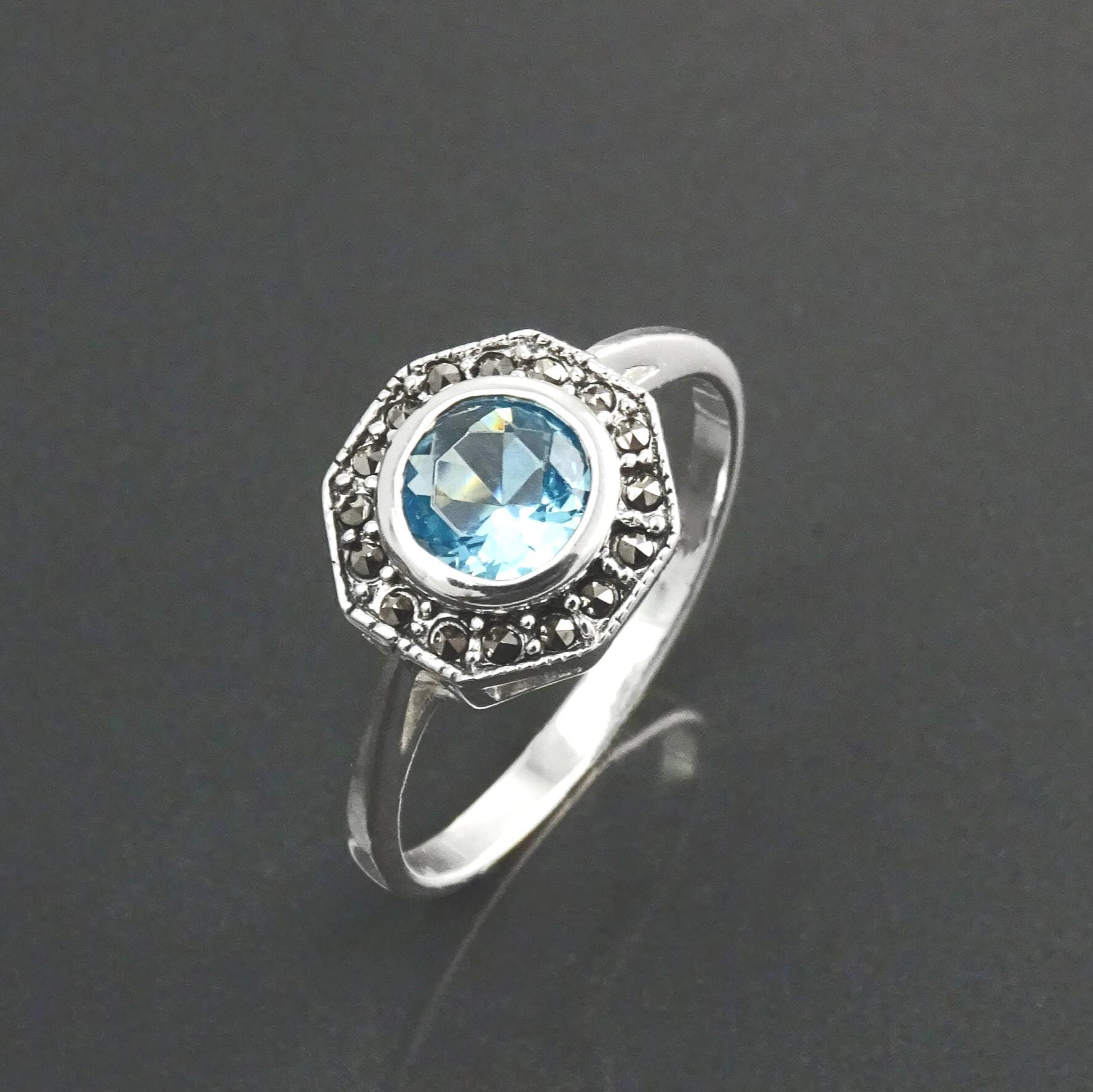 Topaz Marcasite Ring, Sterling Silver, Vintage Octagonal Ring, Lab Blue Topaz Simulant, Retro Azure Stone Rings, Dainty Rings, Women Gifts