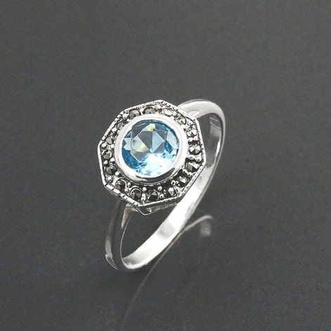 Topaz Marcasite Ring, Sterling Silver, Vintage Octagonal Ring, Lab Blue Topaz Simulant, Retro Azure Stone Rings, Dainty Rings, Women Gifts