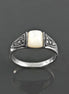 Vintage band ring, sterling silver ring with Genuine white domed Mother of pearl and marcasite stones, art-deco design style jewelry