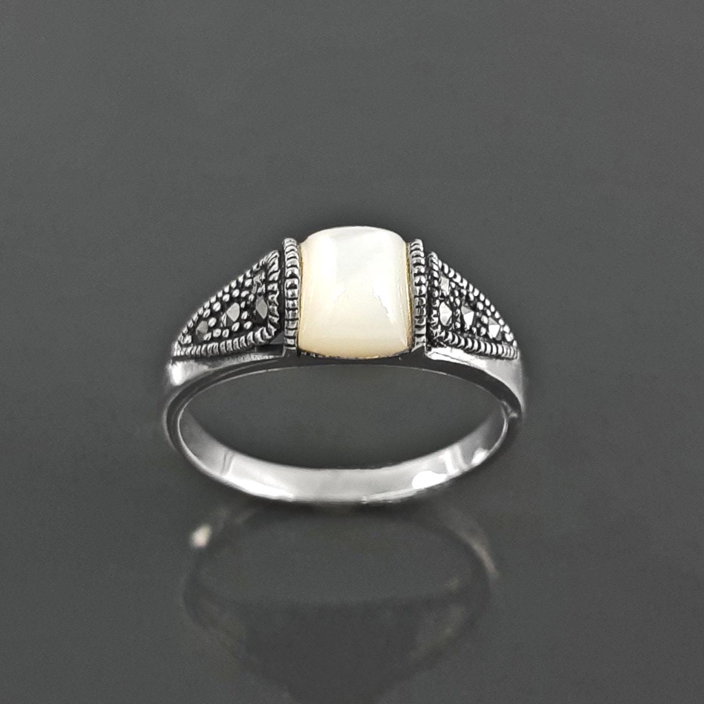 Vintage band ring, sterling silver ring with Genuine white domed Mother of pearl and marcasite stones, art-deco design style jewelry