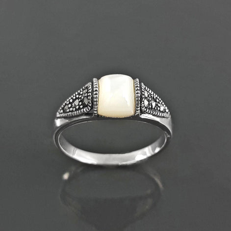 Vintage band ring, sterling silver ring with Genuine white domed Mother of pearl and marcasite stones, art-deco design style jewelry