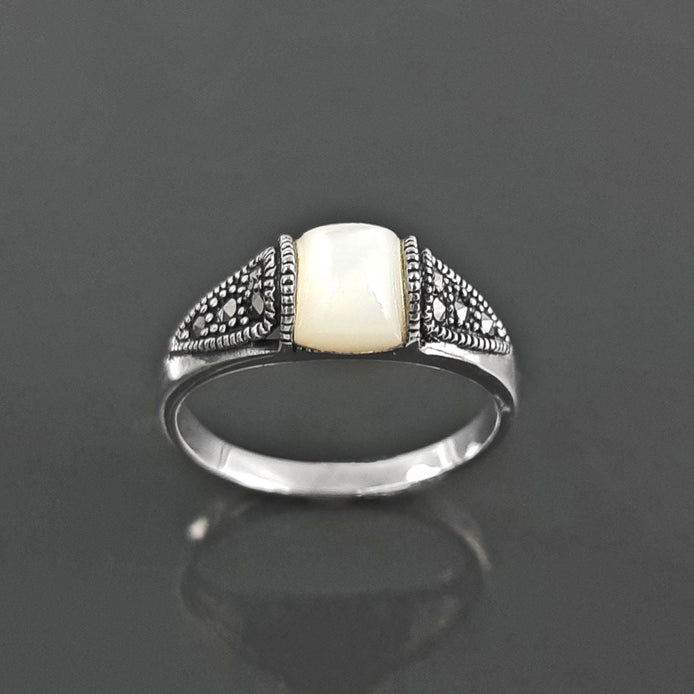 Vintage band ring, sterling silver ring with Genuine white domed Mother of pearl and marcasite stones, art-deco design style jewelry