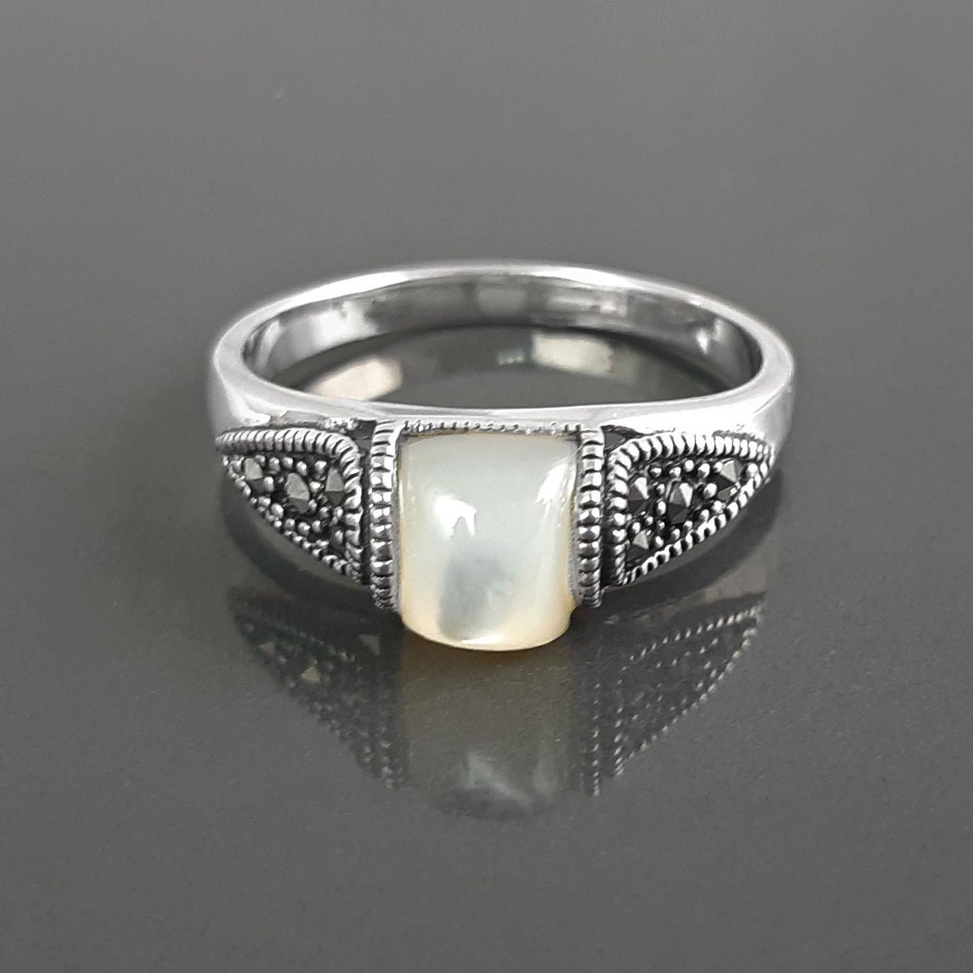 Vintage band ring, sterling silver ring with Genuine white domed Mother of pearl and marcasite stones, art-deco design style jewelry