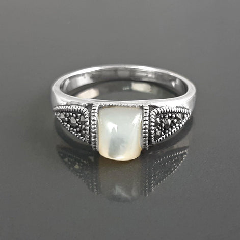 Vintage band ring, sterling silver ring with Genuine white domed Mother of pearl and marcasite stones, art-deco design style jewelry