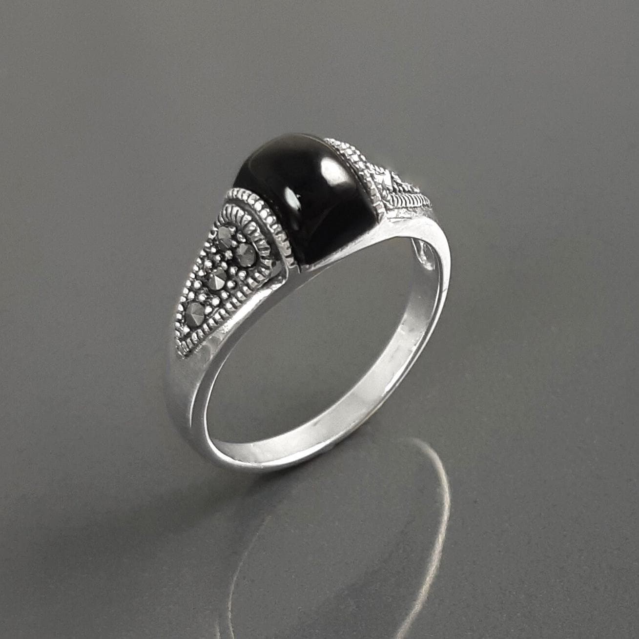 Vintage Art Deco Sterling Silver Ring, Black Onyx & Marcasite