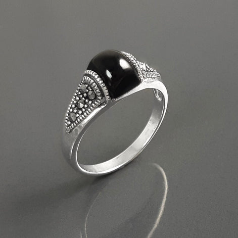 Vintage Art Deco Sterling Silver Ring, Black Onyx & Marcasite
