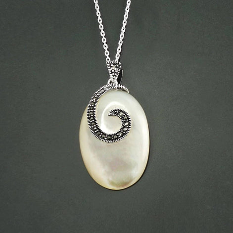 Vintage Style Sterling Silver Mother of Pearl Necklace, Art Deco Marcasite Pendant, Oval