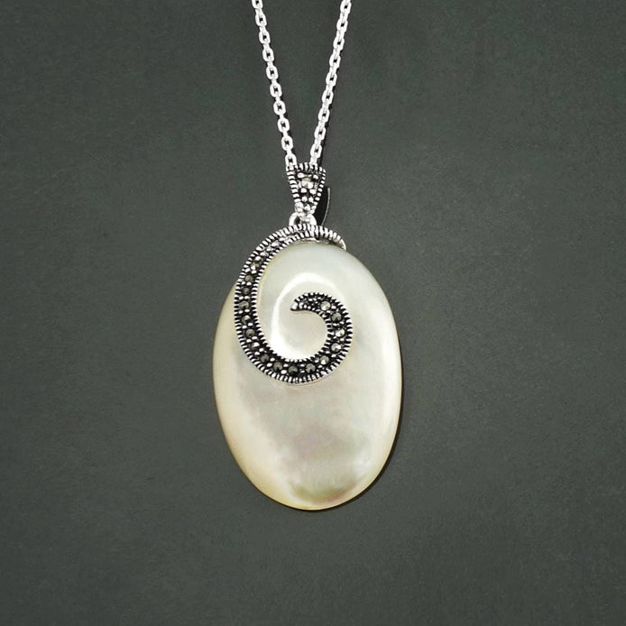 Vintage Style Sterling Silver Mother of Pearl Necklace, Art Deco Marcasite Pendant, Oval