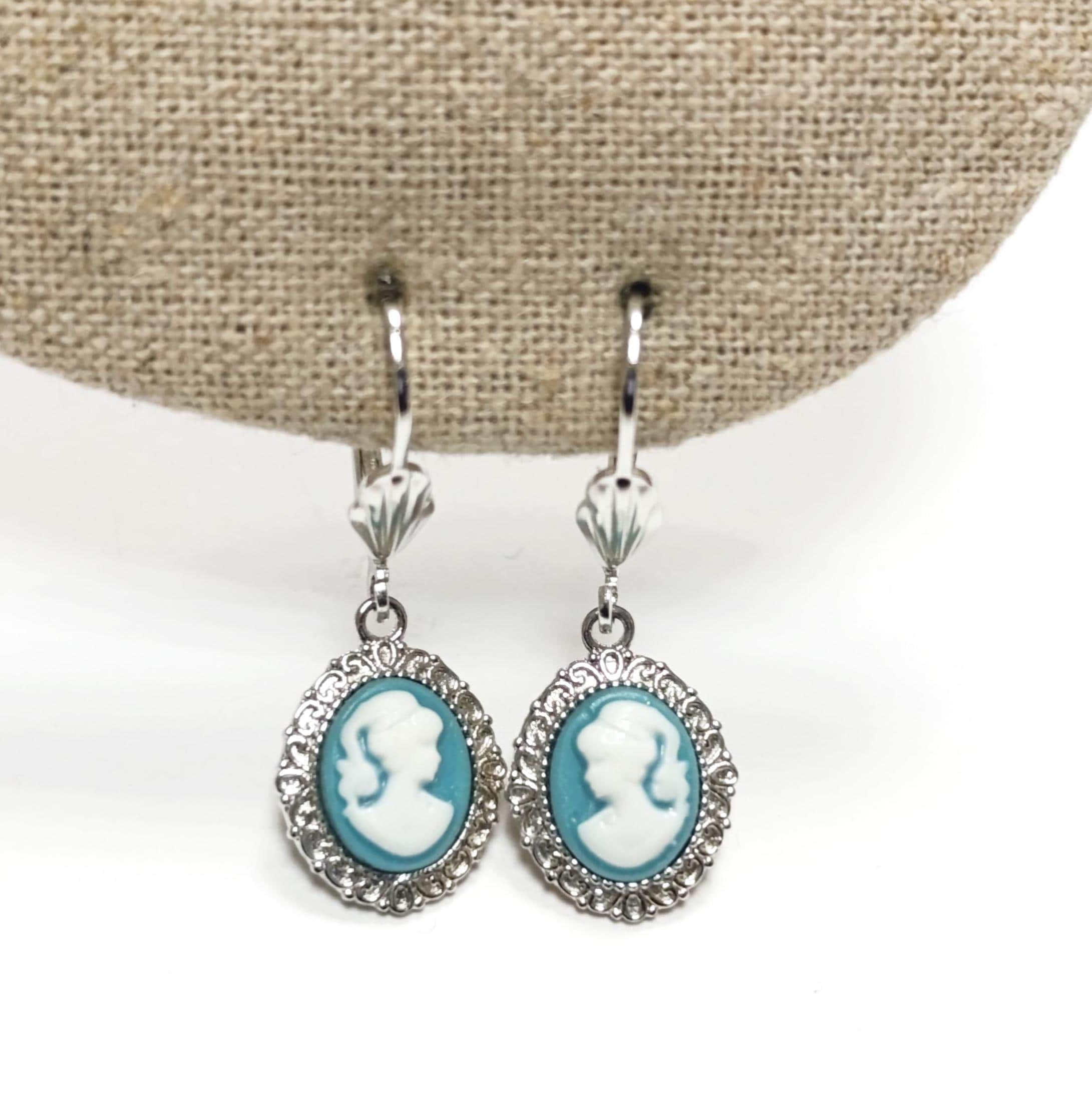 Sterling Silver Cameo Earrings: Blue & White Resin, Vintage Style