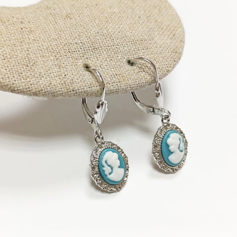 Sterling Silver Cameo Earrings: Blue & White Resin, Vintage Style
