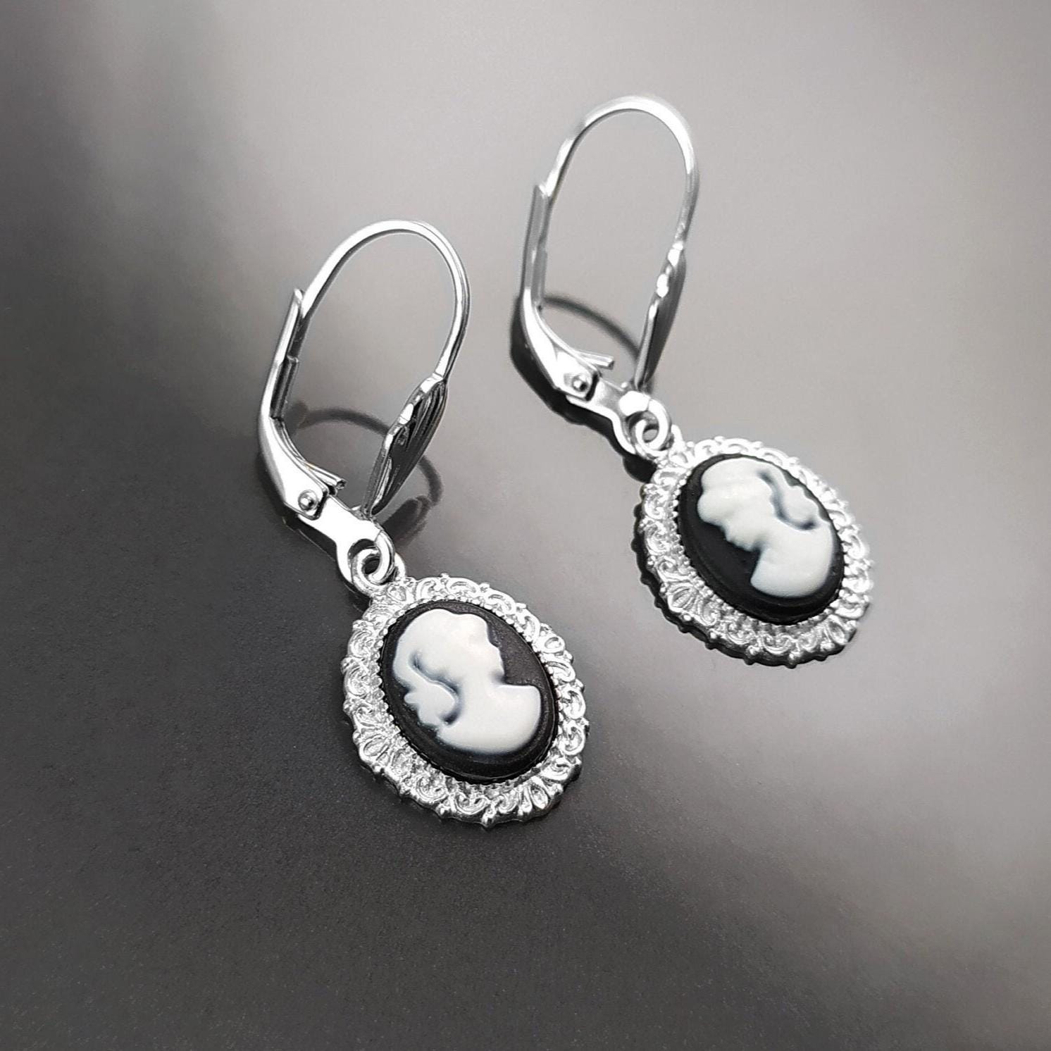 Sterling Silver Cameo Earrings, Black and White Resin, Victorian Style