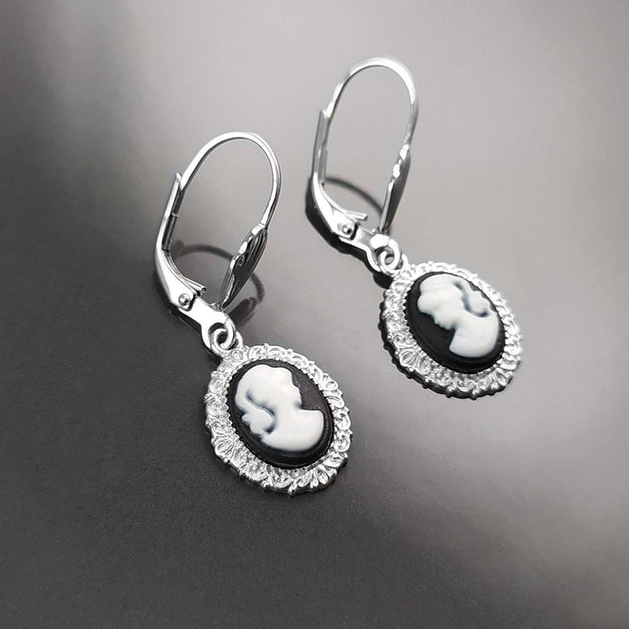 Sterling Silver Cameo Earrings, Black and White Resin, Victorian Style