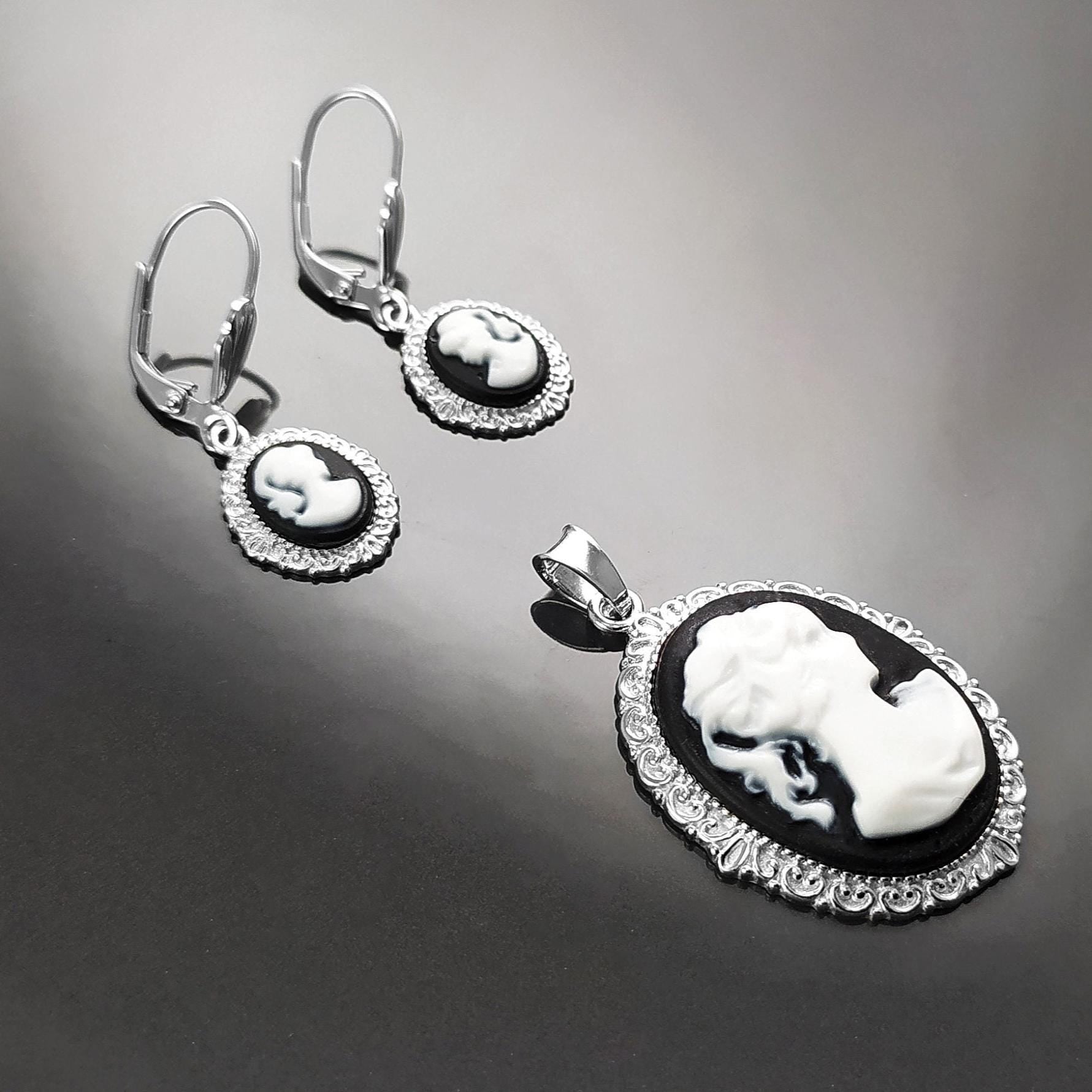 Sterling Silver Cameo Earrings, Black and White Resin, Victorian Style