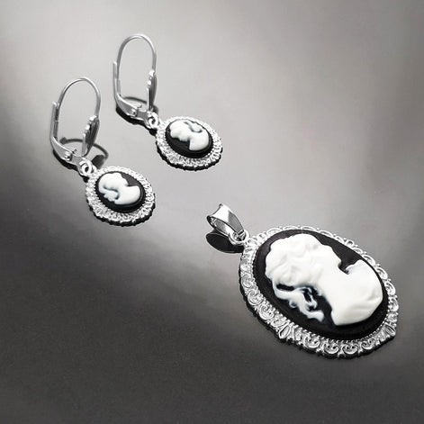 Sterling Silver Cameo Earrings, Black and White Resin, Victorian Style