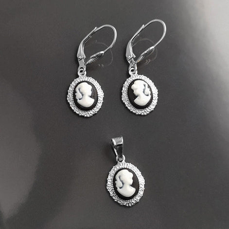 Sterling Silver Cameo Earrings, Black and White Resin, Victorian Style