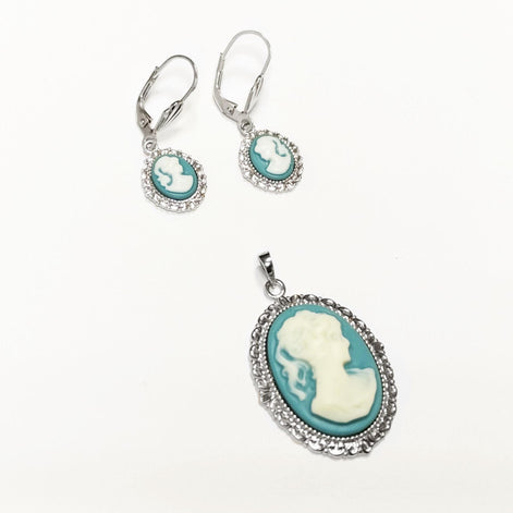 Sterling Silver Cameo Earrings: Blue & White Resin, Vintage Style