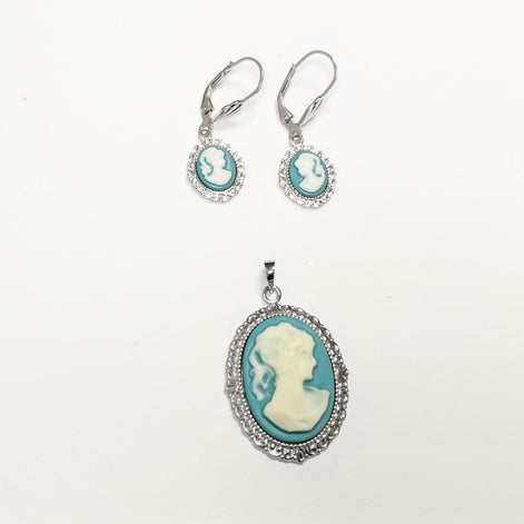 Sterling Silver Cameo Earrings: Blue & White Resin, Vintage Style