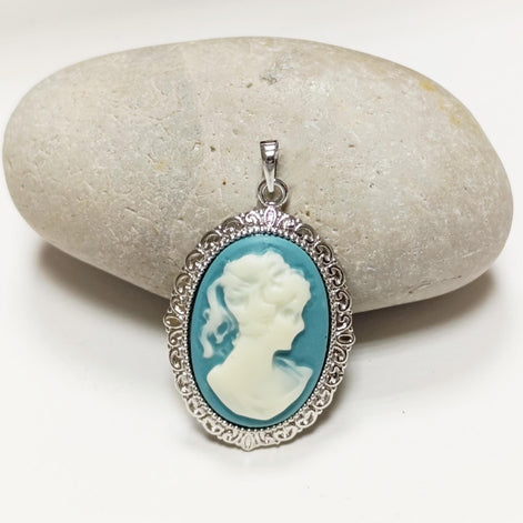 Sterling Silver Cameo Earrings: Blue & White Resin, Vintage Style