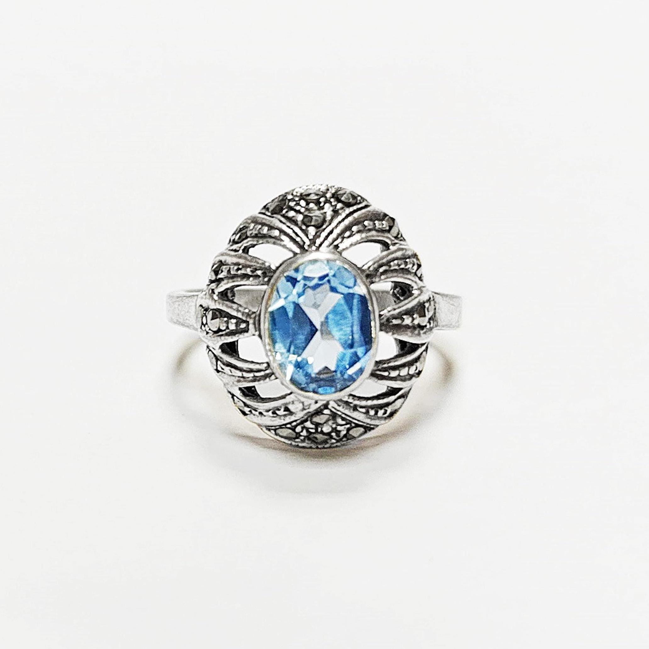 Art Deco Blue Topaz Ring • Sterling Silver • Marcasite & Lab Blue Oval Cz Stone • Vintage Retro Antique Inspired jewelry • Gift for Her
