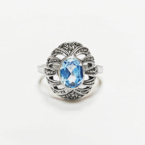 Art Deco Blue Topaz Ring • Sterling Silver • Marcasite & Lab Blue Oval Cz Stone • Vintage Retro Antique Inspired jewelry • Gift for Her