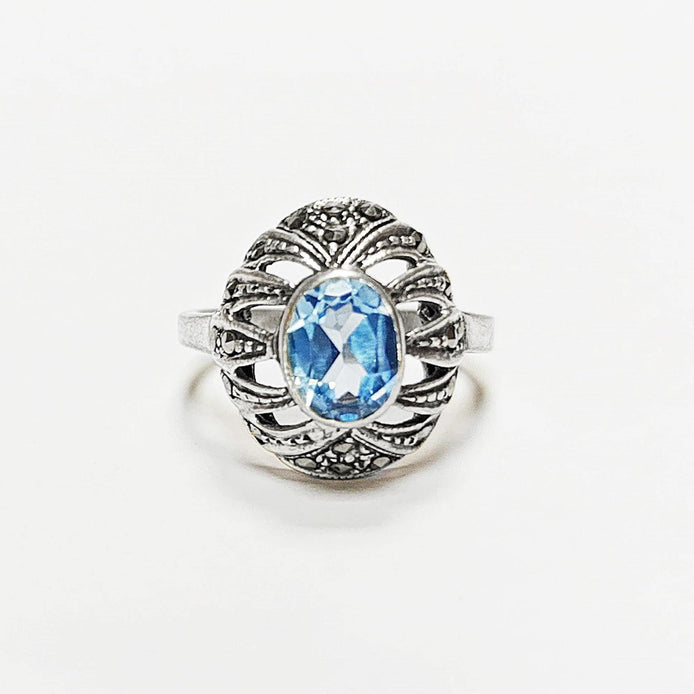 Art Deco Blue Topaz Ring • Sterling Silver • Marcasite & Lab Blue Oval Cz Stone • Vintage Retro Antique Inspired jewelry • Gift for Her