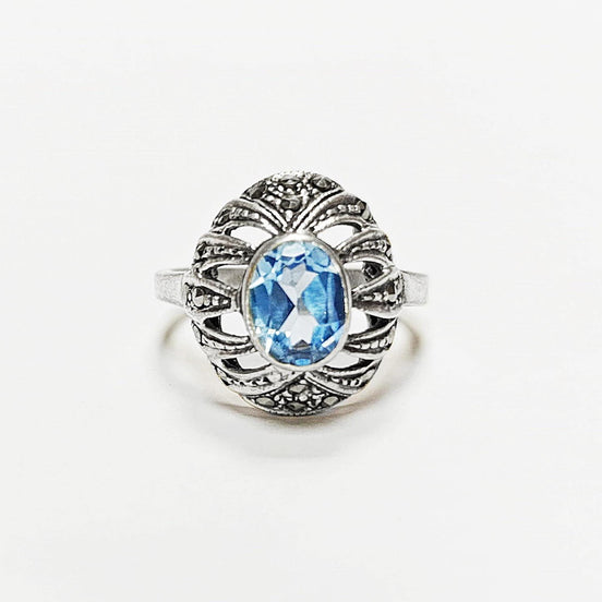 Art Deco Blue Topaz Ring • Sterling Silver • Marcasite & Lab Blue Oval Cz Stone • Vintage Retro Antique Inspired jewelry • Gift for Her