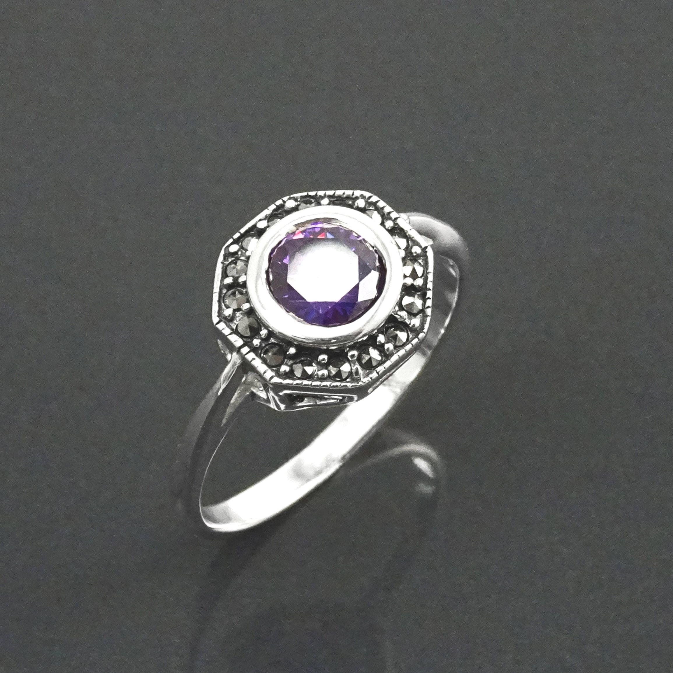Amethyst Marcasite Ring, Sterling Silver, Vintage Octagonal Ring, Purple Amethyst Color Cz, Dainty Retro Violet Stone Rings, Women Gifts