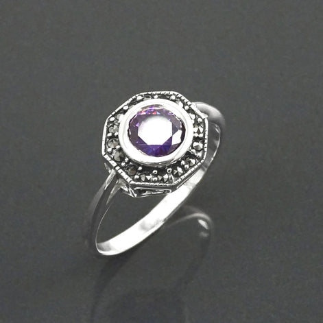 Amethyst Marcasite Ring, Sterling Silver, Vintage Octagonal Ring, Purple Amethyst Color Cz, Dainty Retro Violet Stone Rings, Women Gifts