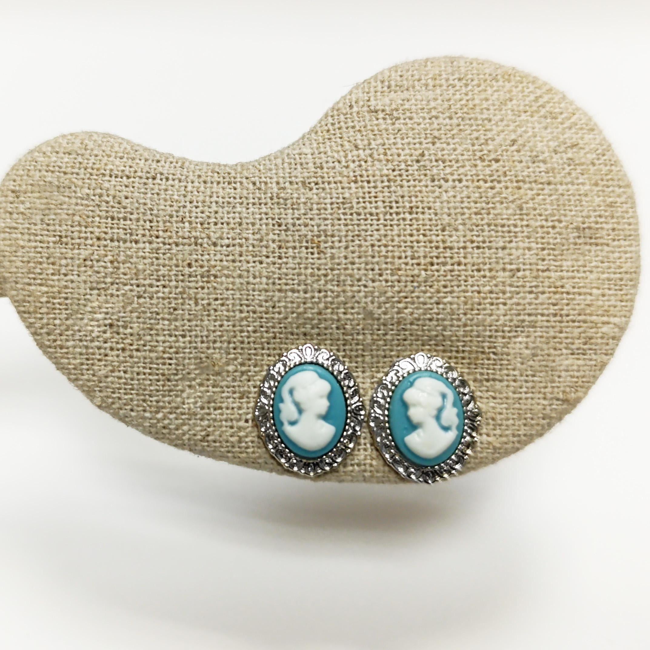 Sterling Silver Cameo Earrings – Blue White Resin Woman Portrait, Victorian Studs 925