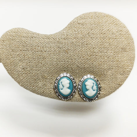 Sterling Silver Cameo Earrings – Blue White Resin Woman Portrait, Victorian Studs 925
