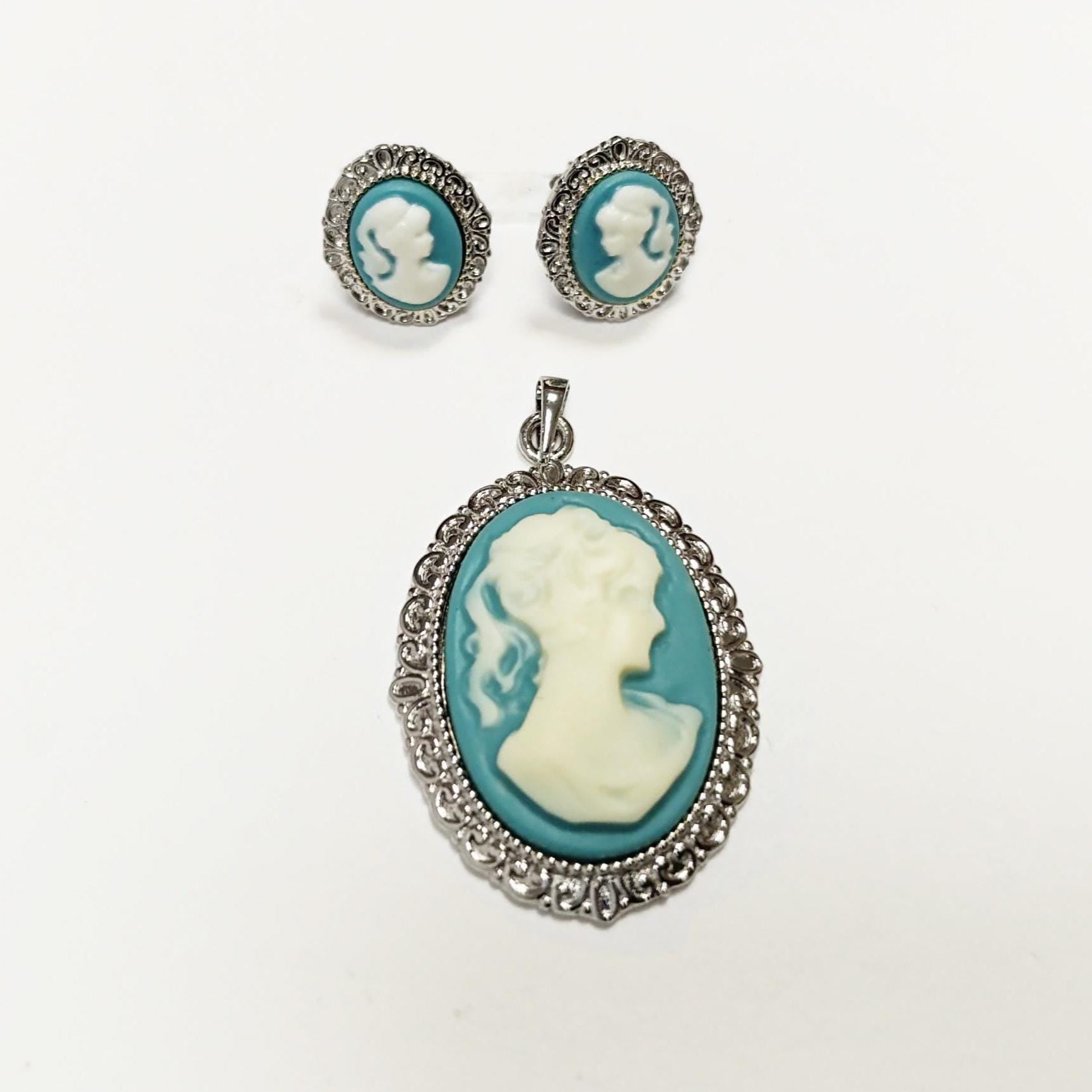 Sterling Silver Cameo Earrings – Blue White Resin Woman Portrait, Victorian Studs 925