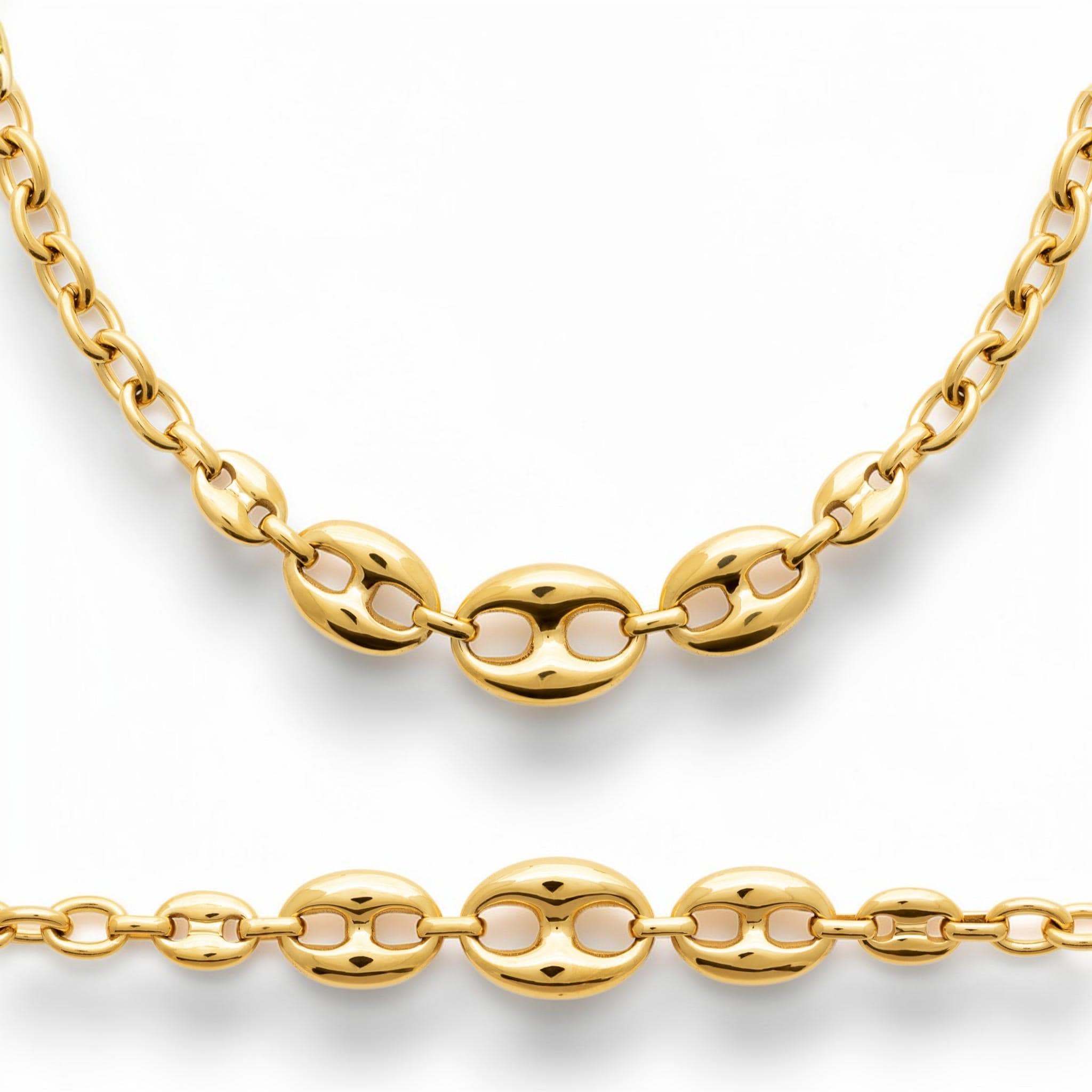A view of a 18K Gold Filled coffee bean link necklace with polished oval centerpiece links and a modern rounded chain design. Elegant, minimalist, and slightly bold, it is ideal for everyday wear, layering, and gifting. Here a focus of the necklace and the matching bracelet.