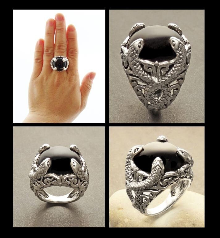 Snake Ring, Sterling Silver, Black Stone, Onyx Gemstone, swirling coiling snakes pattern, Gothic Design Ring