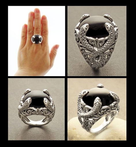 Snake Ring, Sterling Silver, Black Stone, Onyx Gemstone, swirling coiling snakes pattern, Gothic Design Ring