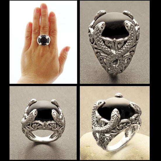 Snake Ring, Sterling Silver, Black Stone, Onyx Gemstone, swirling coiling snakes pattern, Gothic Design Ring