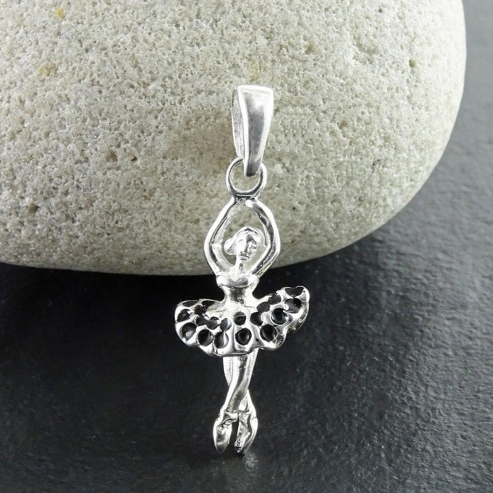 Sterling Silver Ballerina Pendant, Enameled Tutu Dance Jewelry, Black Swan Ballerina