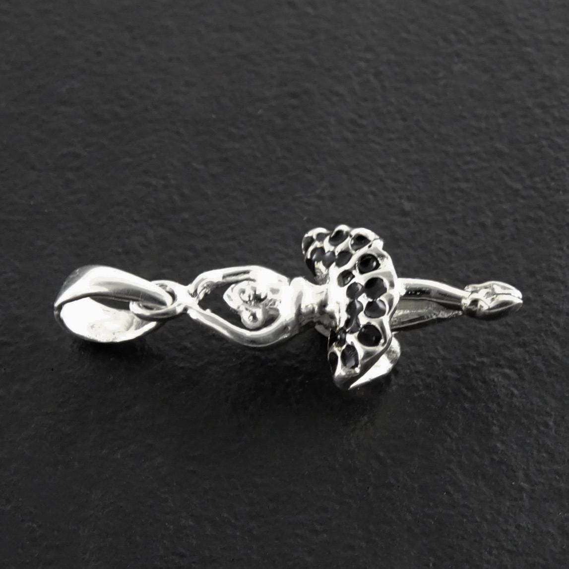 Sterling Silver Ballerina Pendant, Enameled Tutu Dance Jewelry, Black Swan Ballerina