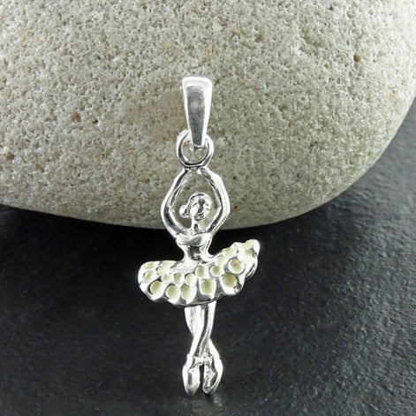 Sterling Silver Ballerina Pendant, Enameled White Tutu, Dancer Jewelry, Dance Recital Gift