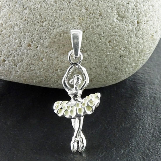 Sterling Silver Ballerina Pendant, Enameled White Tutu, Dancer Jewelry, Dance Recital Gift
