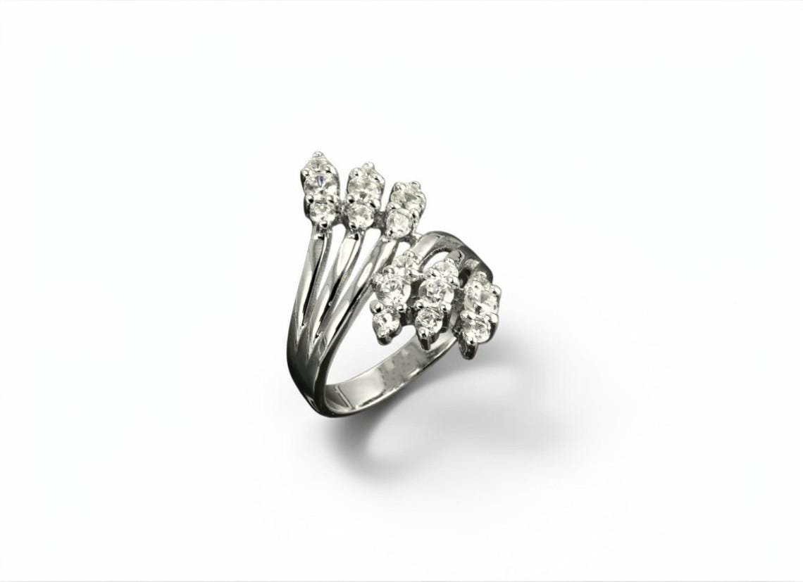 Sterling Silver Bypass Ring with CZ Stones, Modern Wrap Design
