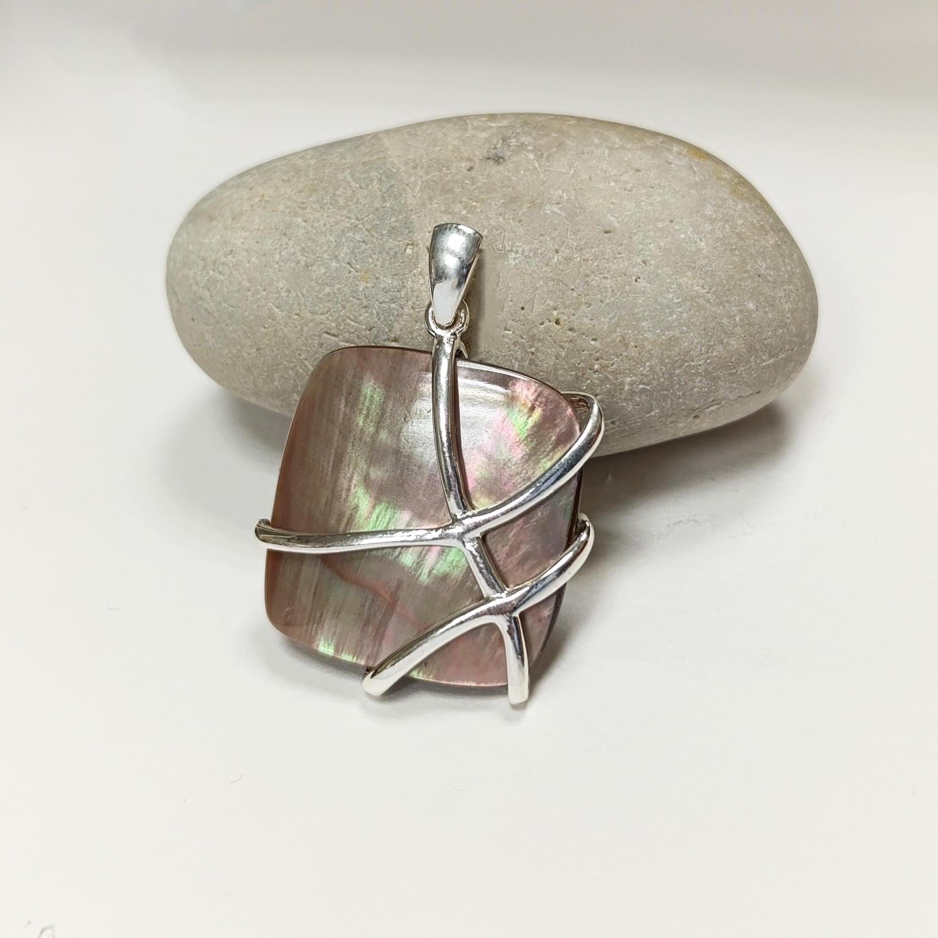 BIG Gold Shell Pendant, Sterling Silver, GENUINE Toffee Color MOP, Modern Square Bold Necklace, Statement Modern Geometric Stone Jewelry