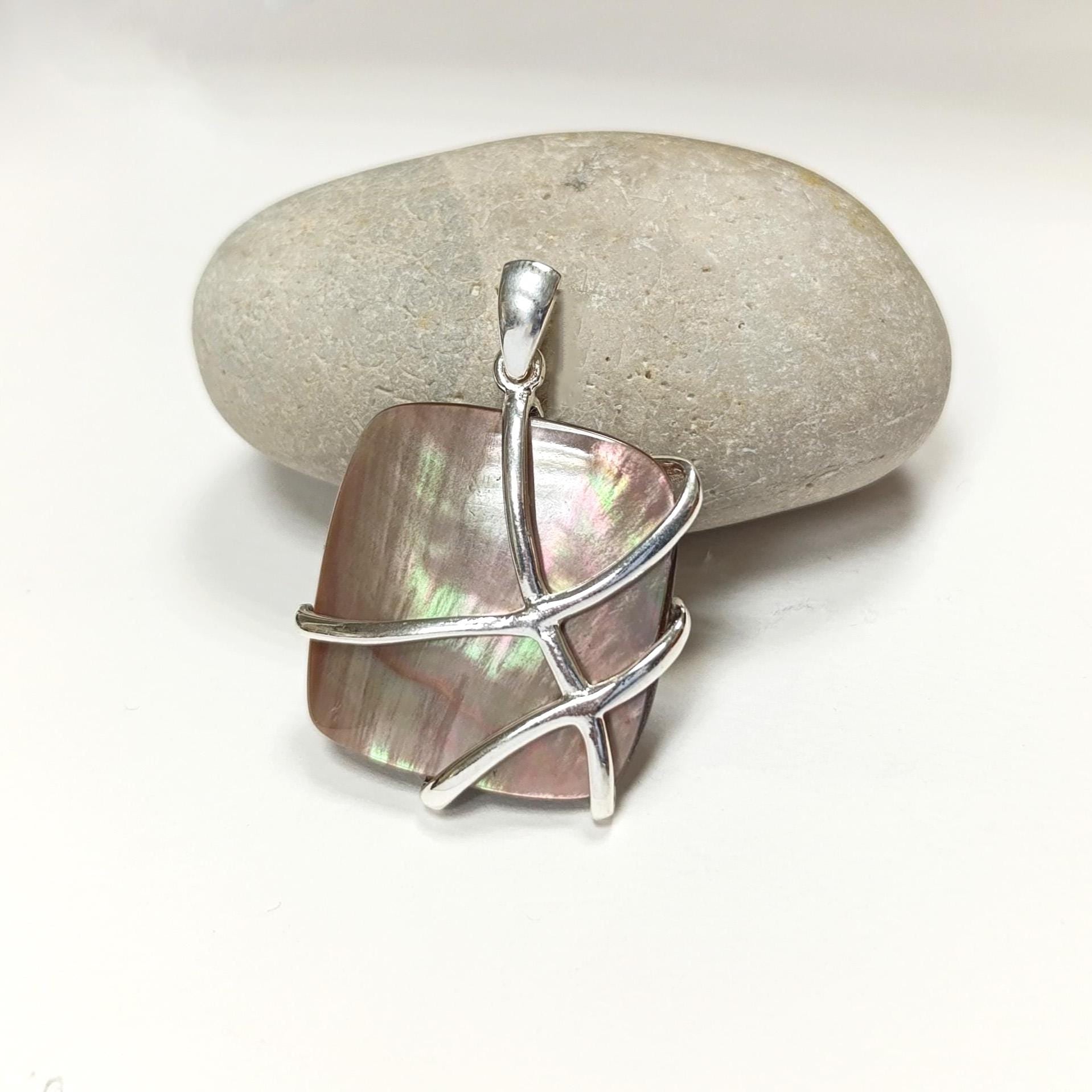 BIG Gold Shell Pendant, Sterling Silver, GENUINE Toffee Color MOP, Modern Square Bold Necklace, Statement Modern Geometric Stone Jewelry