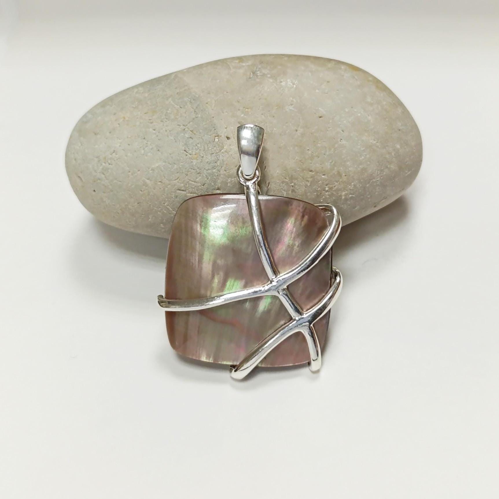 BIG Gold Shell Pendant, Sterling Silver, GENUINE Toffee Color MOP, Modern Square Bold Necklace, Statement Modern Geometric Stone Jewelry